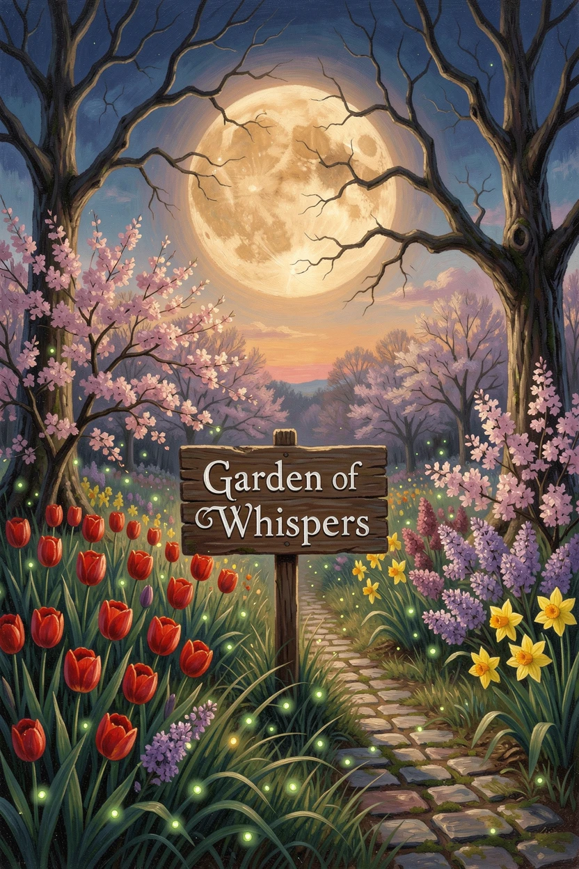Fireflies sway gently in a garden bursting with spring color as the harvest moon rises.