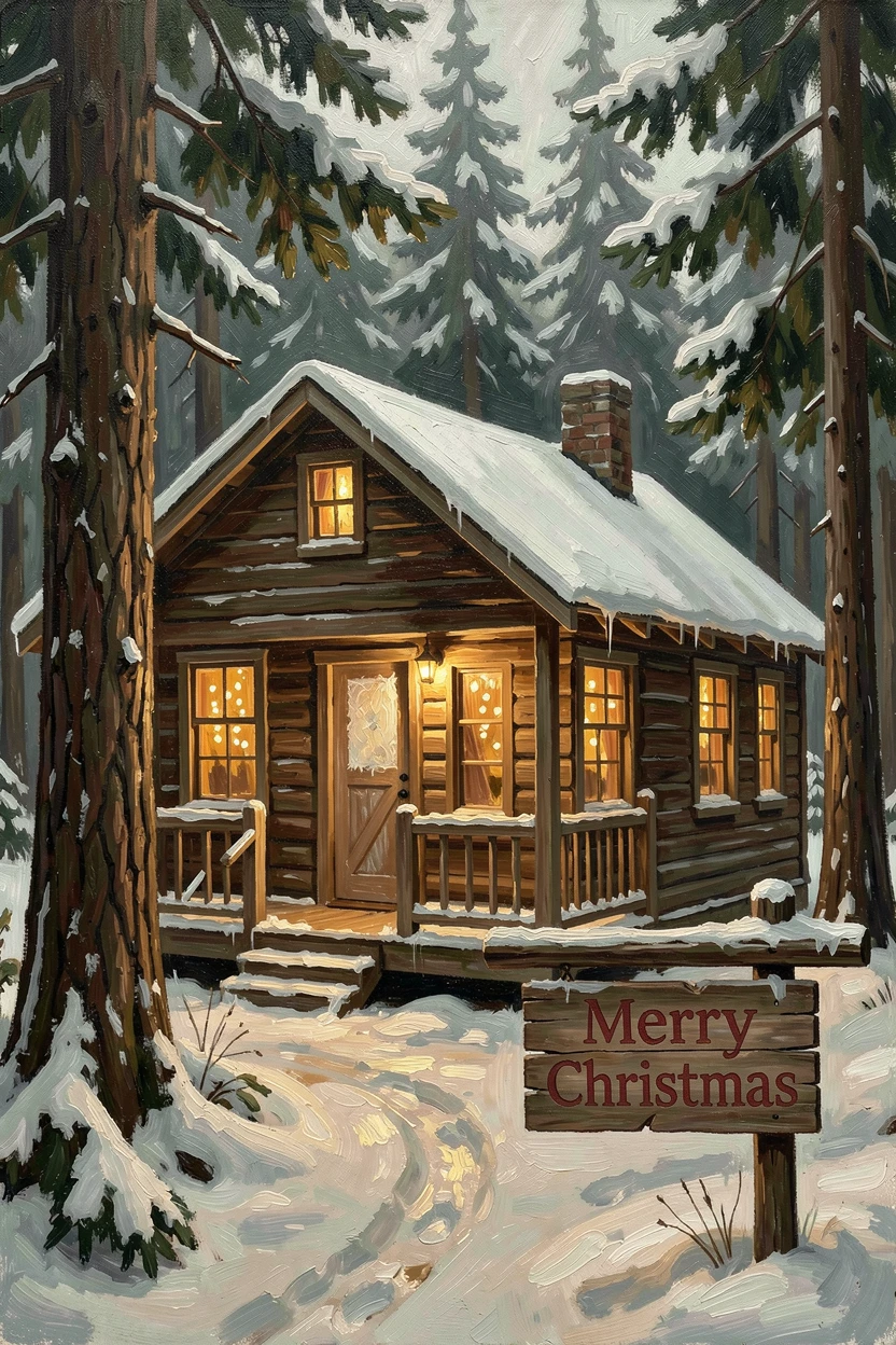 A cozy cabin glowing warmly amid a snow-covered pine forest at Christmas, as golden or twinkling light creates a magical atmosphere, designed to bring festive cheer to any home or gallery wall