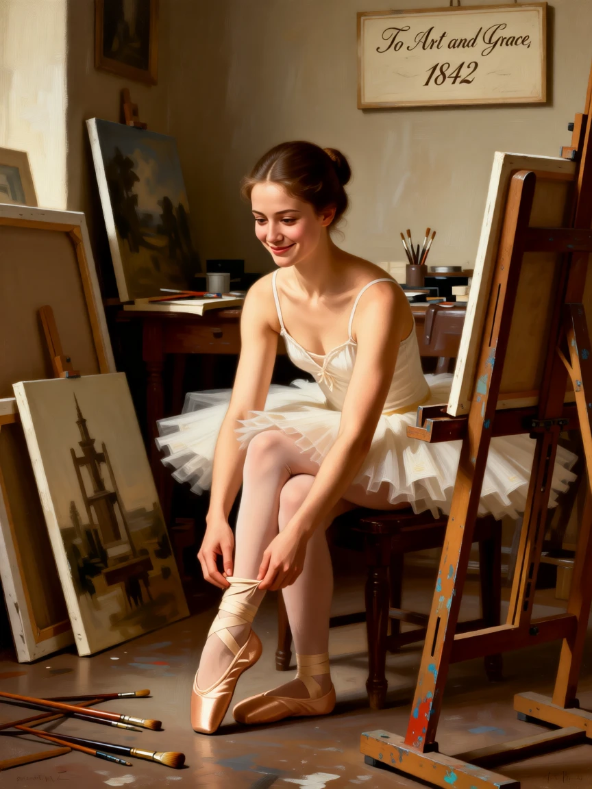 A ballerina adjusting her slipper before stepping onto the stage lost entirely in private thought, set in an artist's cluttered studio strewn with canvases, with a faint, knowing smile just touching the corner of the mouth; soft background blur isolates the sitter as the clear focal point, evoking tenderness, memory, and unspoken emotion.