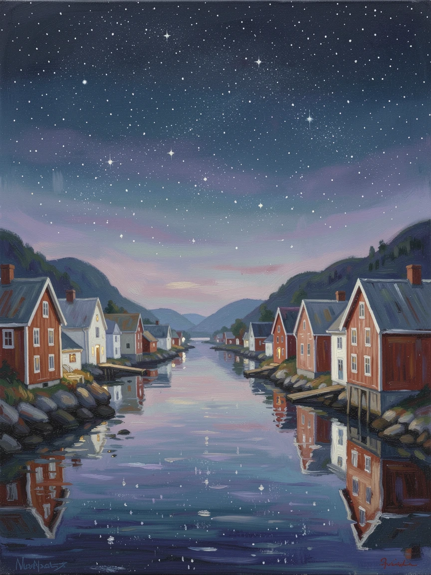 A quiet fjord village where wooden houses in red and white cluster along a mirror-still channel of water, under a canopy of stars.