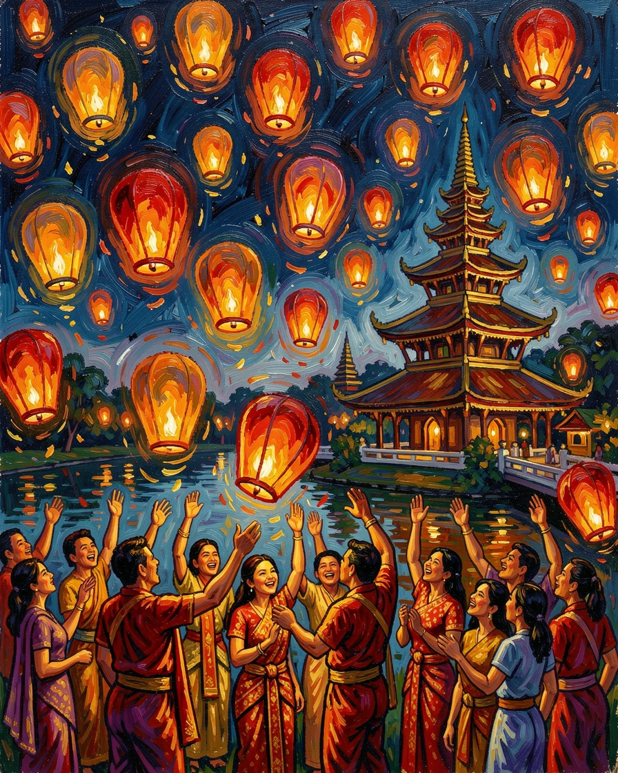 A vibrant lantern release ceremony lighting up the night sky over Chiang Mai.