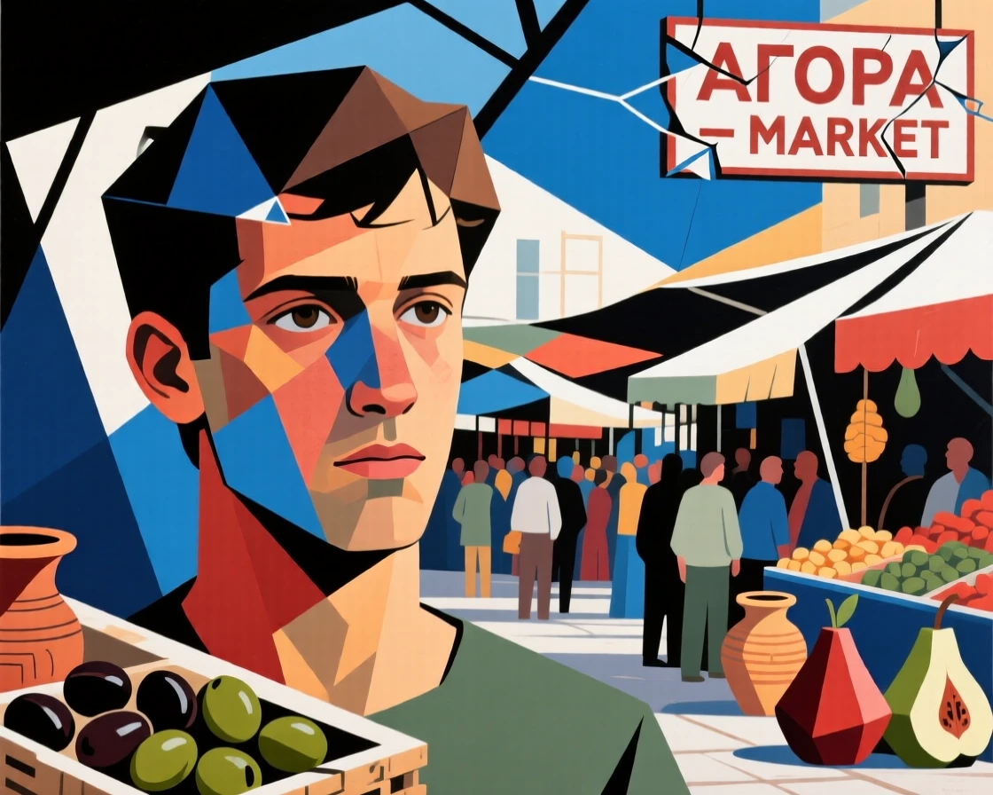 A close-up portrait of a young man of Greek heritage, radiating calm confidence, at the edge of a bustling market.