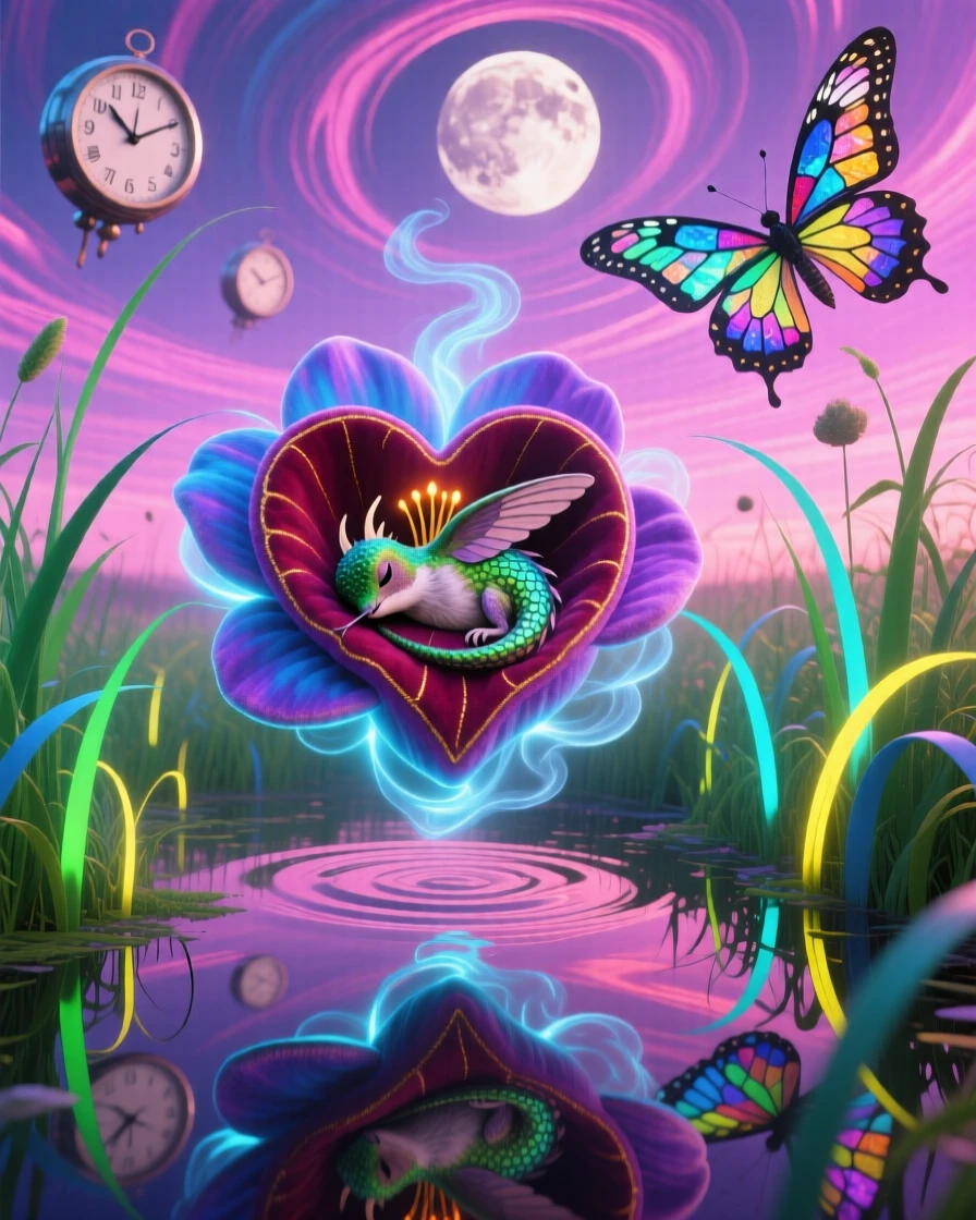 A tiny dragon curled asleep inside an open flower blossom moves gracefully through a field of tall glowing grass, while wisps of light curl gently around its form.