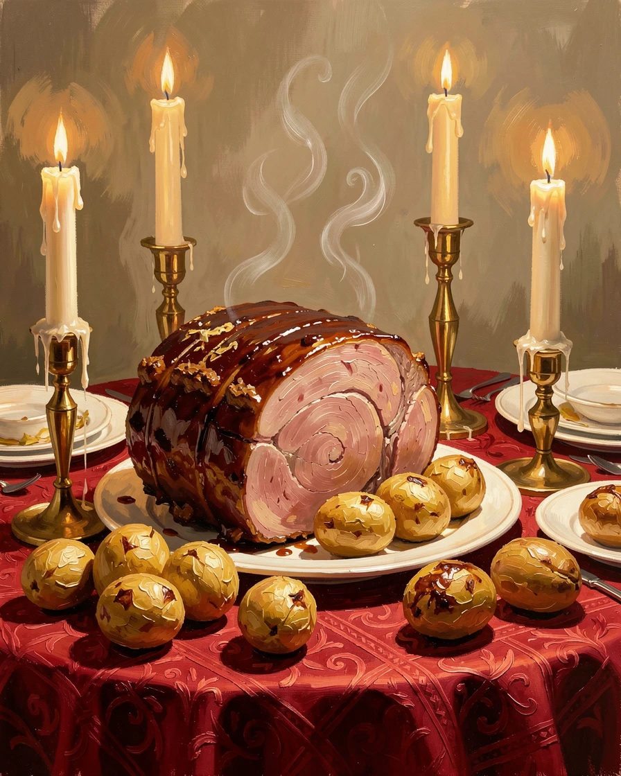 A traditional Christmas dinner spread shows a glazed ham, roasted potatoes, and glowing candles arranged on a festive red tablecloth, steam or condensation visible in small details that suggest the dish was just prepared.