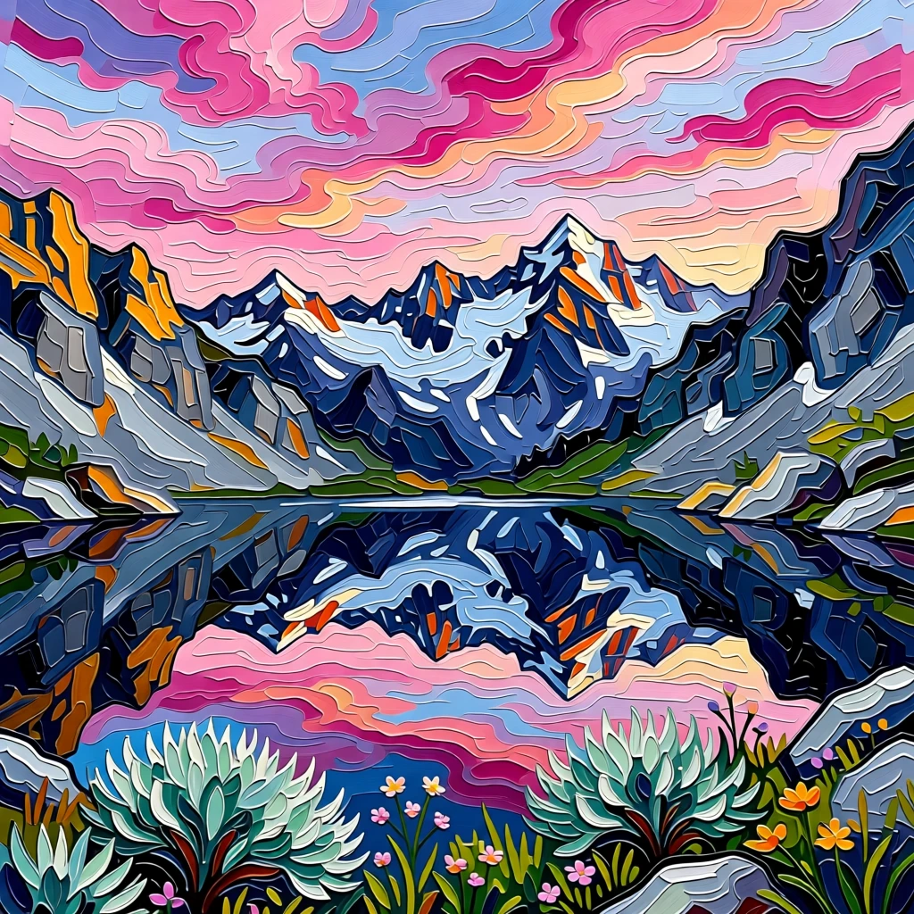 A remote alpine tarn reflecting jagged peaks under a sky streaked with pink clouds