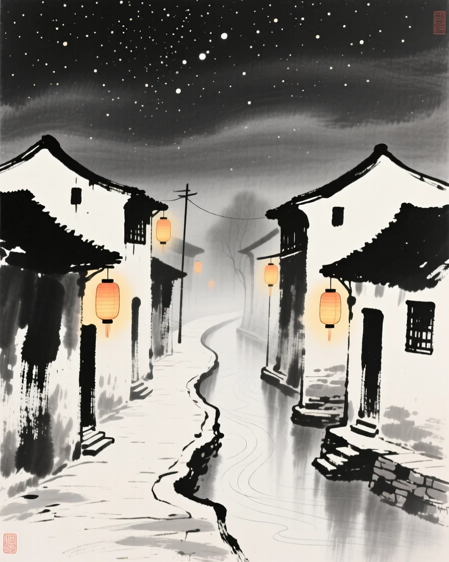 Lanterns glow warmly along a village street beneath a starlit sky, as mist rises gently from the cooling water.