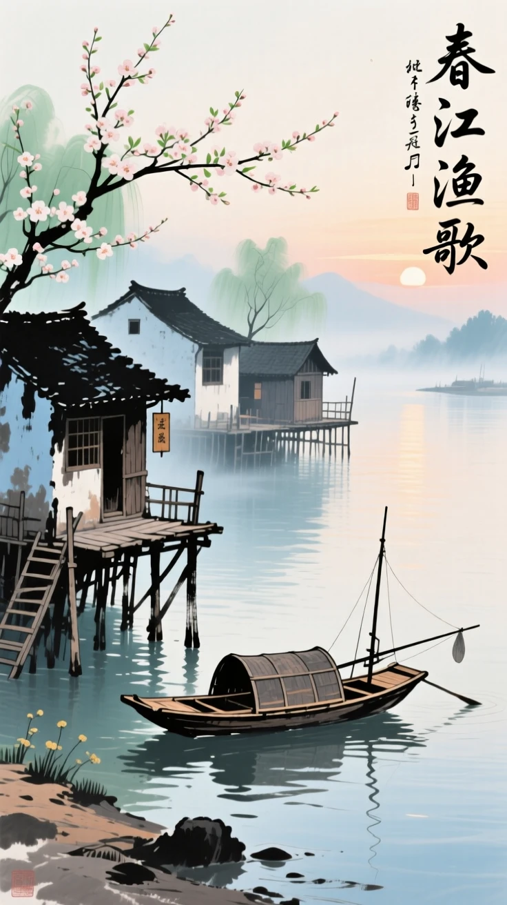 A fishing village of stilted houses along a quiet estuary, suffused with quiet joy, at dawn, as spring blossoms unfold.