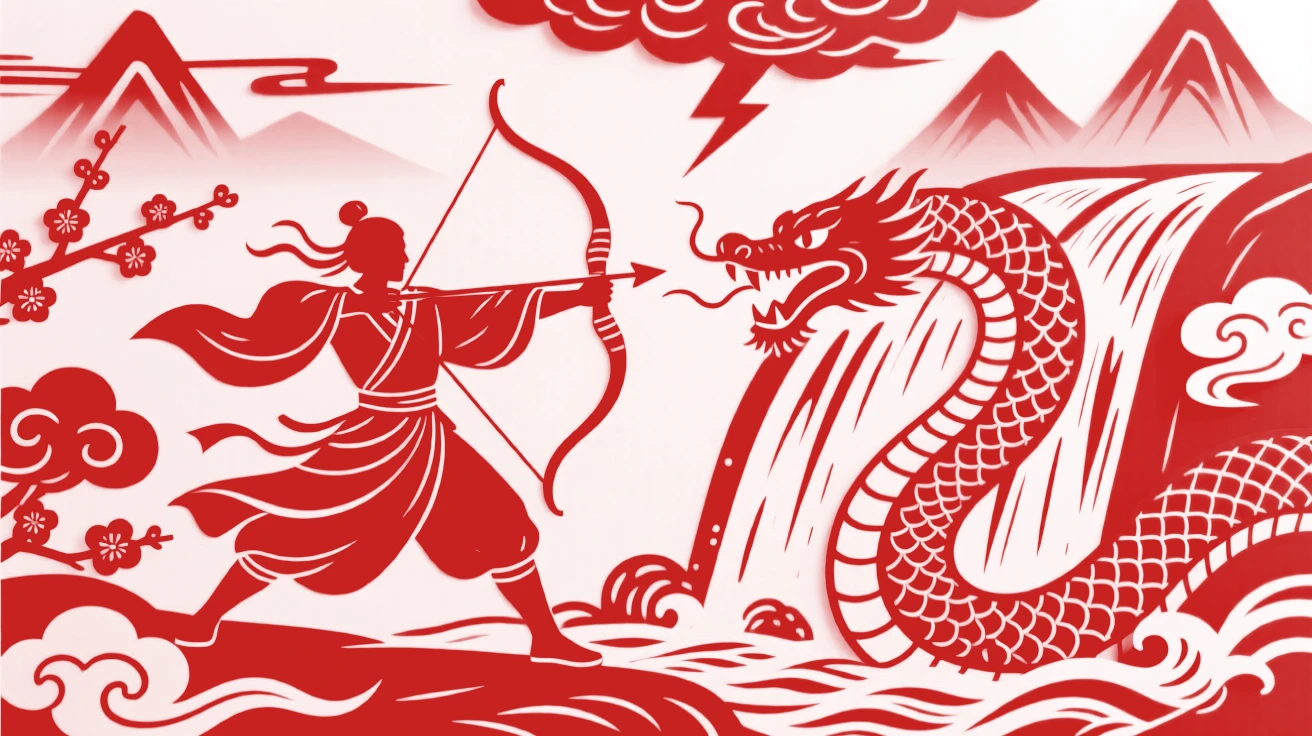 A celestial archer, battling a serpent beside a raging waterfall, as thunder rumbles across distant peaks.