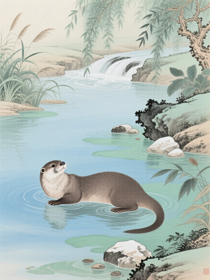 An otter floating on its back in a calm river near the mouth of a quiet mountain stream