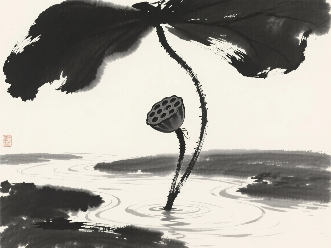 A solitary lotus pod rising above still water along the bank of a slow-moving stream, seen from a low angle looking upward, celebrating the fleeting beauty of the season.