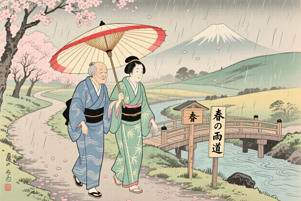 Old friends walking together through a gentle spring rain.