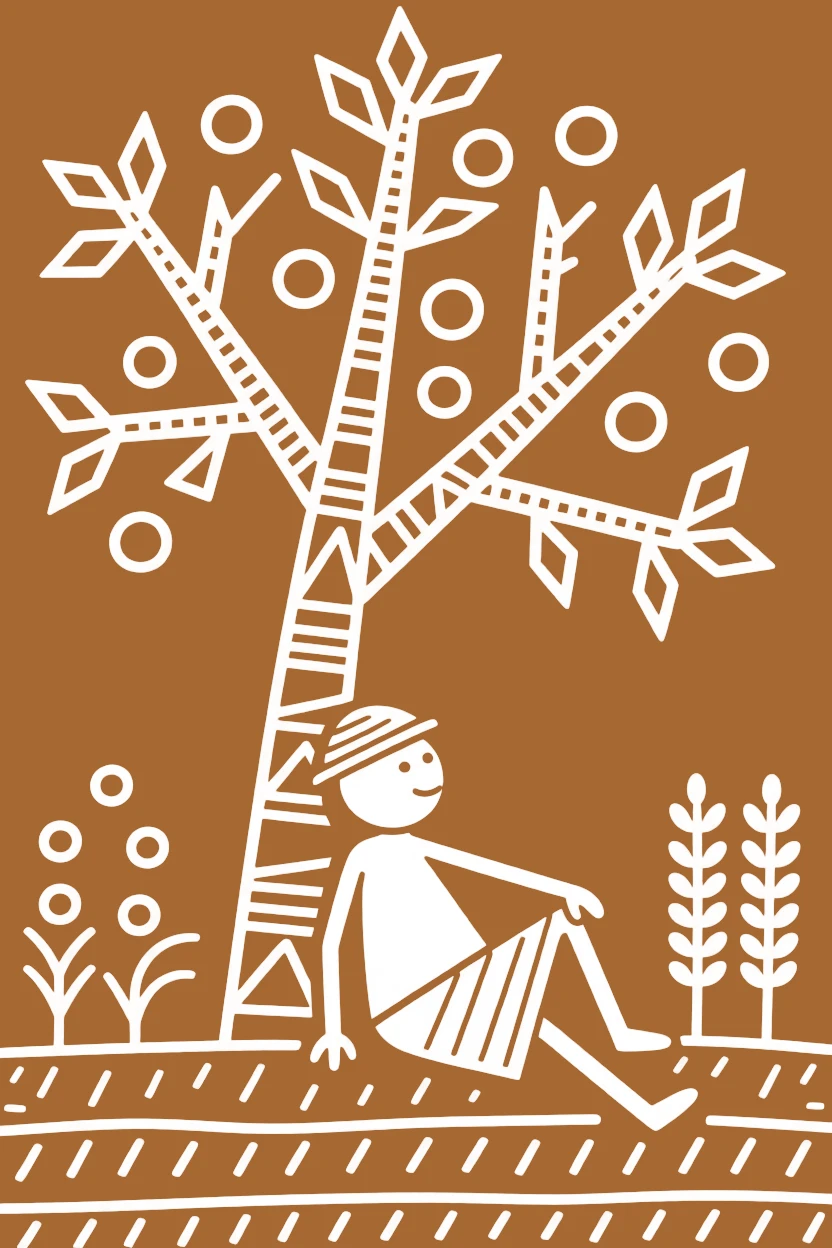 A farmer resting under a tree after a long day in the field.