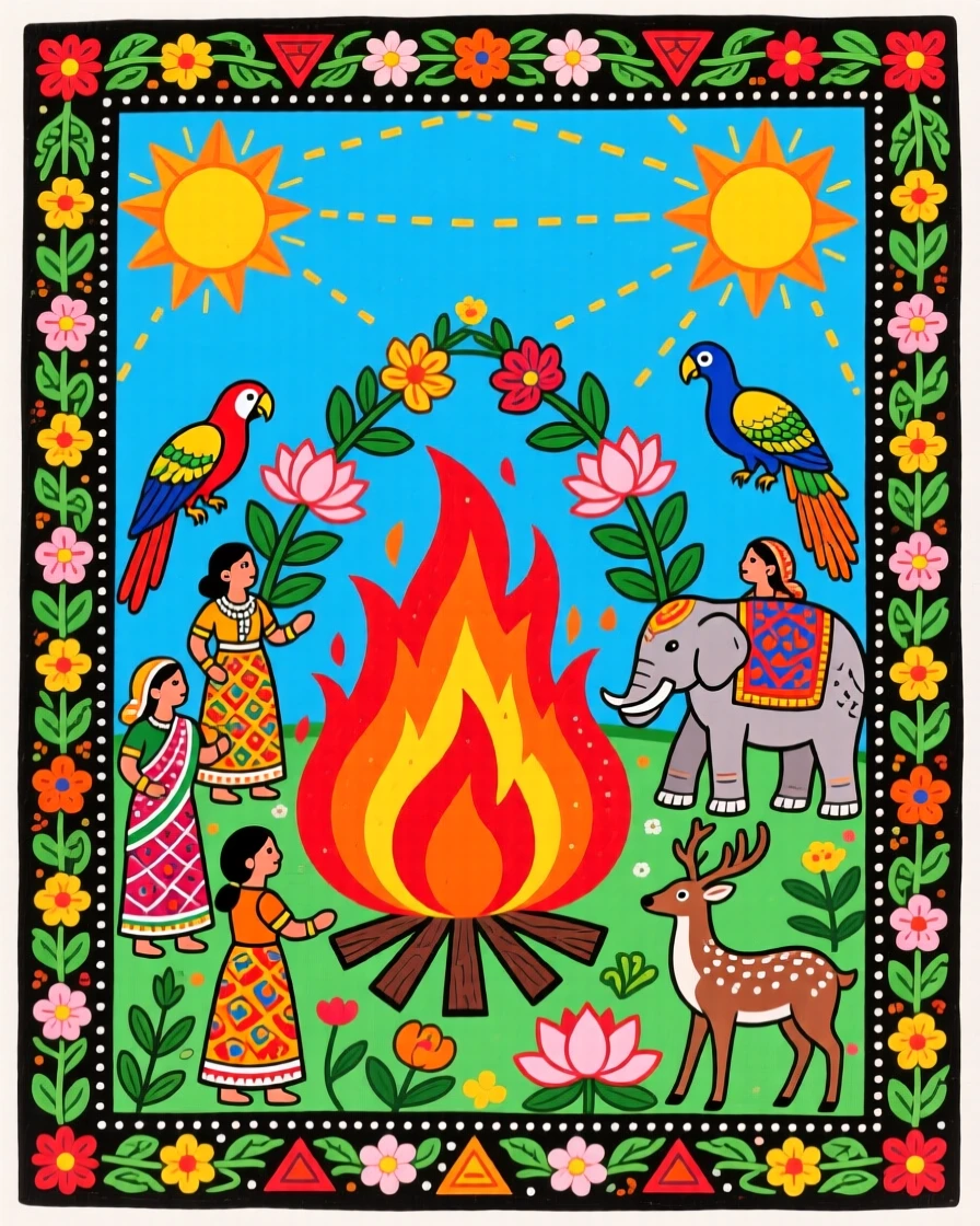 A midsummer bonfire celebration beneath a sky of endless daylight.