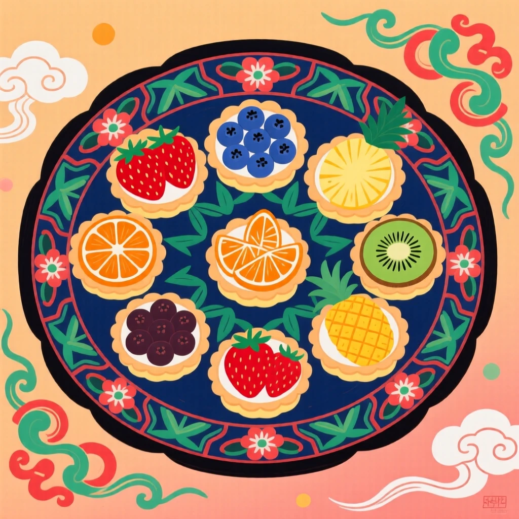 A tray of colorful fruit tarts arranged for a festival table.