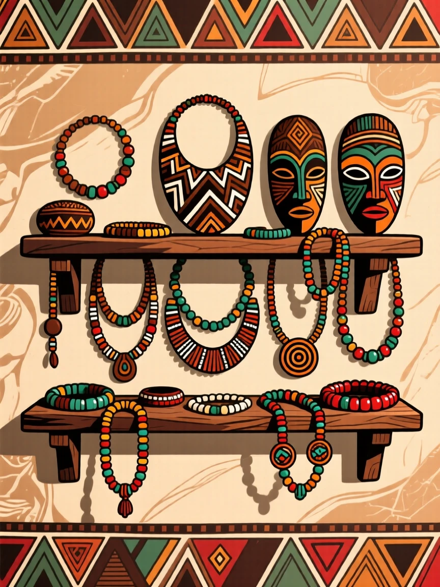 A display of beaded necklaces arranged on a wooden shelf.