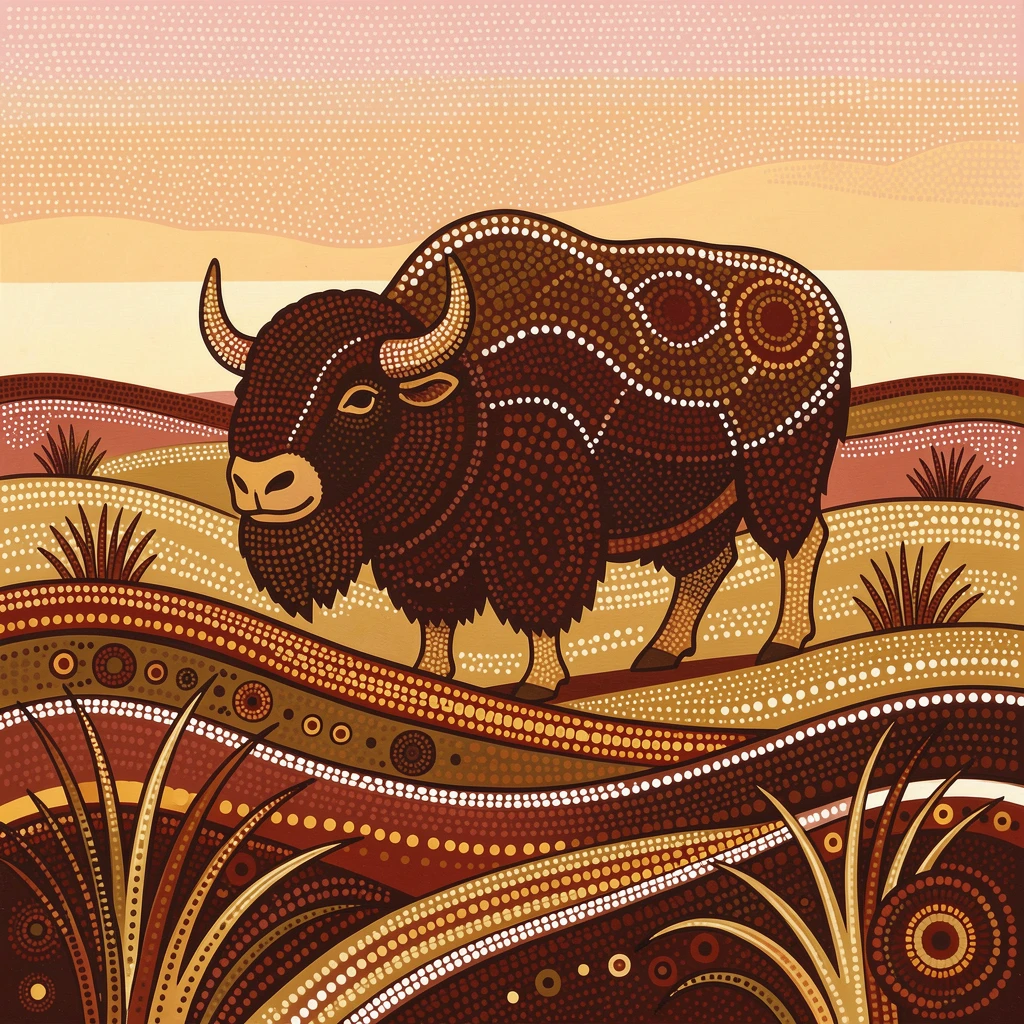A musk ox crossing an open grassland at dawn