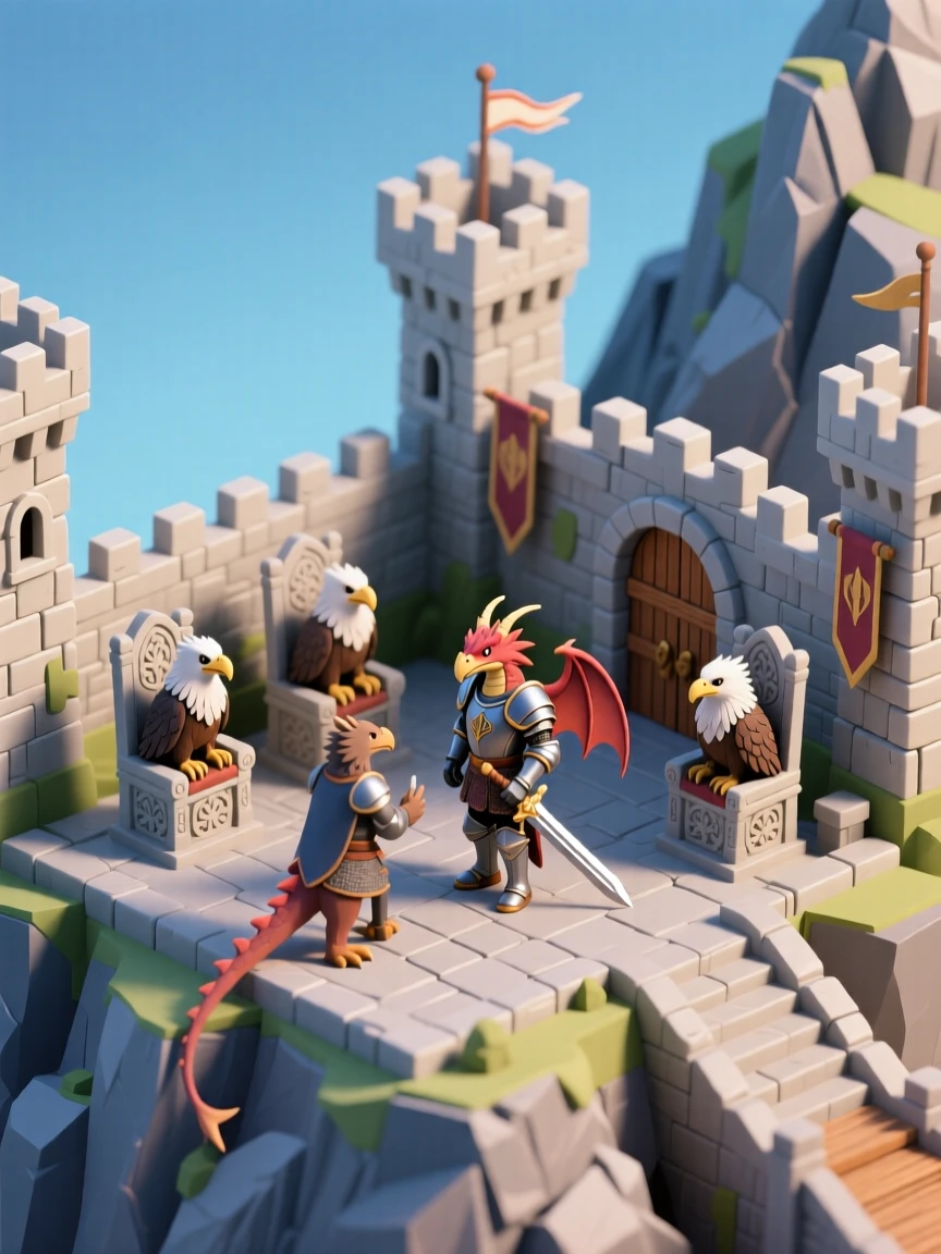A dragon knight duo negotiating peace with a griffin council atop a windswept mountain fortress.