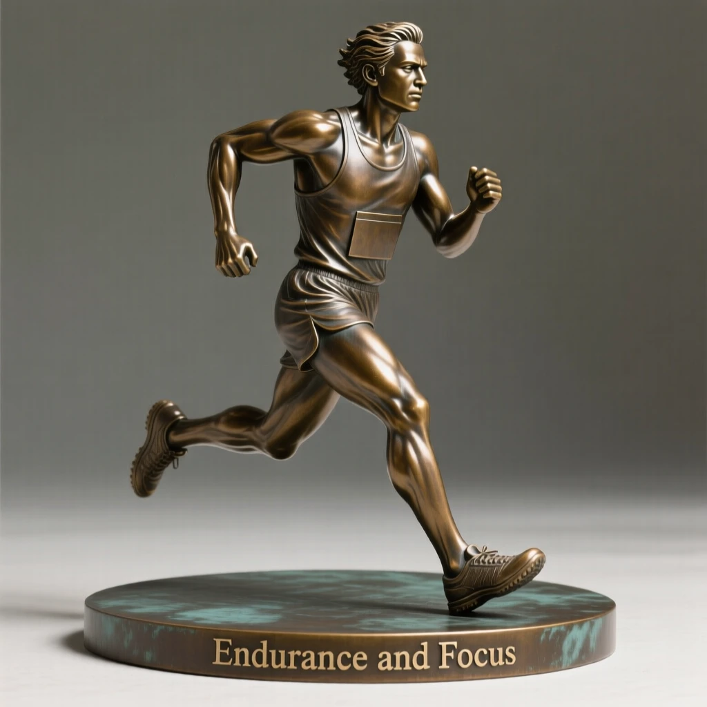 A determined marathon runner, with a serene, contemplative gaze, forming a strong central focal point