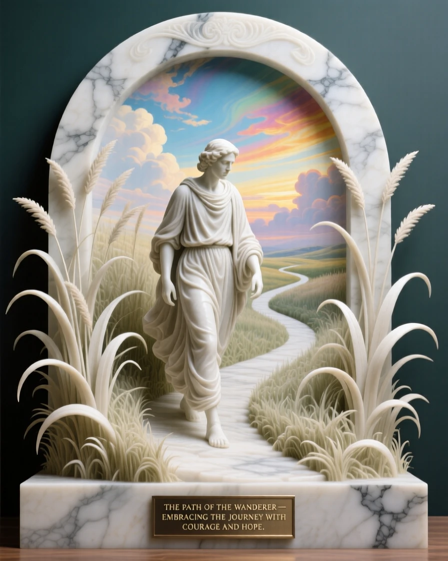 A vivid, emotionally rich scene of a lone wanderer walking a path through tall grass, under a brilliant, colorful sky, designed to captivate and inspire