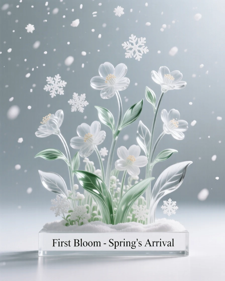 A garden bursting into bloom on the first day of spring, beneath a sky filled with gently falling snow