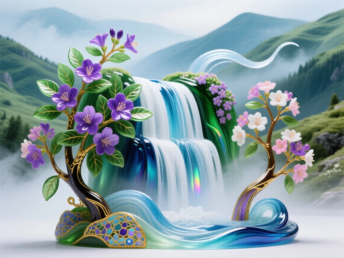 A grand waterfall framed by blooming rhododendrons in a misty highland valley, lush and vivid.