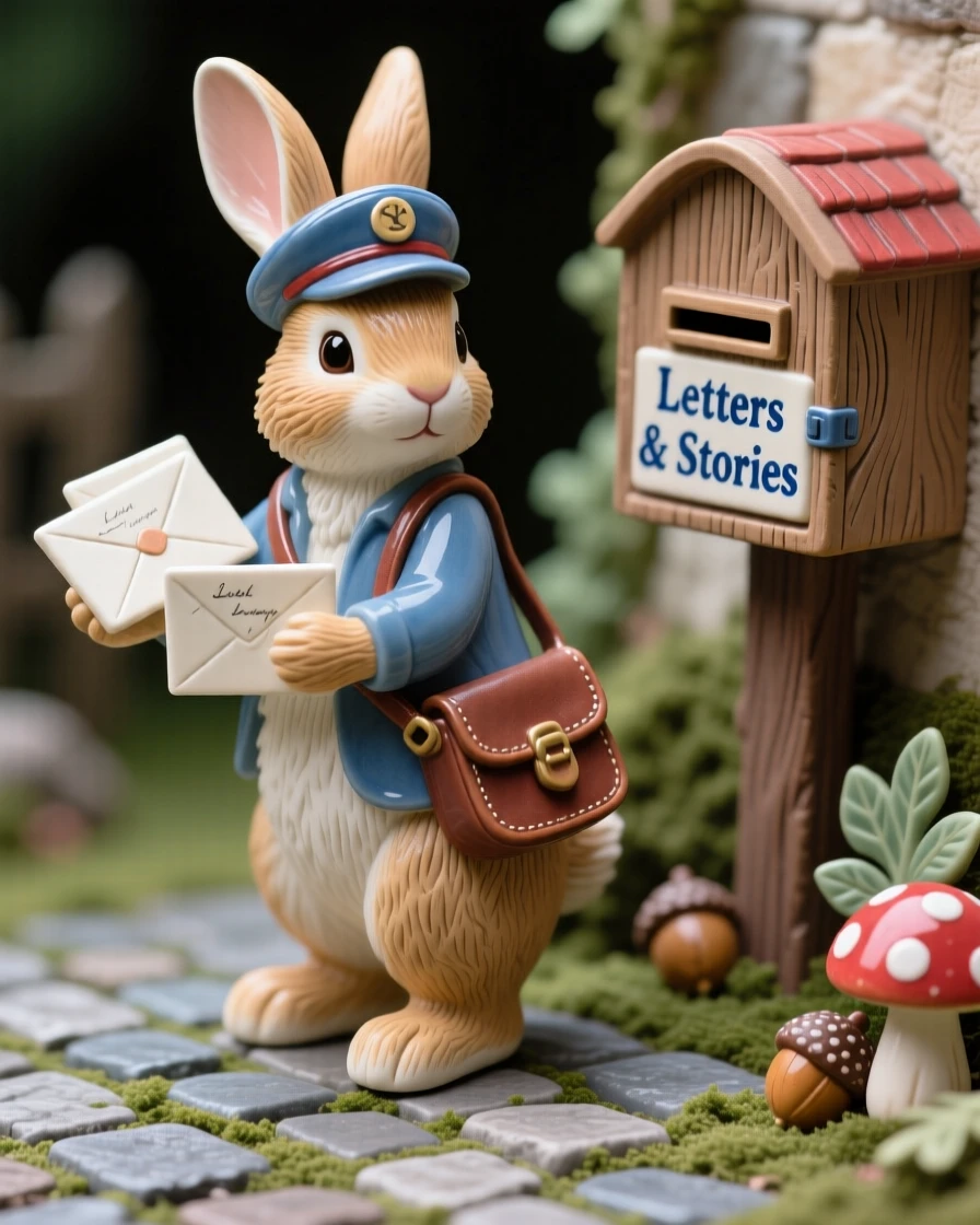 A rabbit postman delivering tiny letters captured in a charming, storybook moment, set within a cozy, detailed miniature world, radiating coziness and storybook charm.