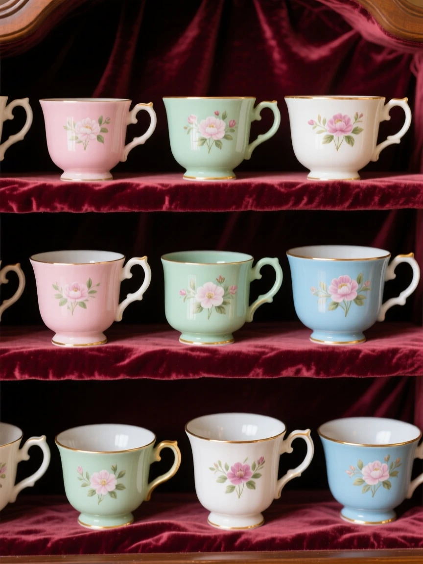 A collection of vintage teacups arranged on a velvet-lined shelf, forming a harmonious, elegant composition.