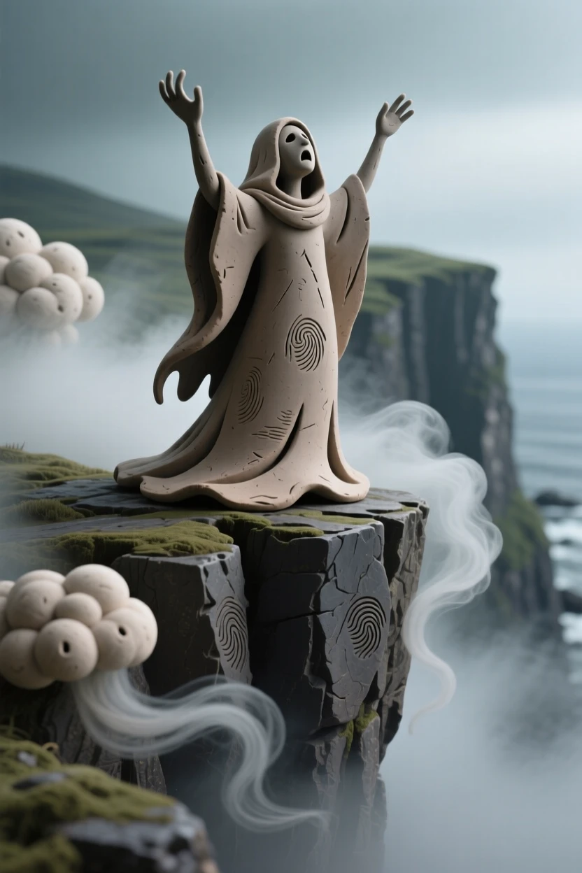 A banshee's silhouette wailing atop a misty Irish cliff