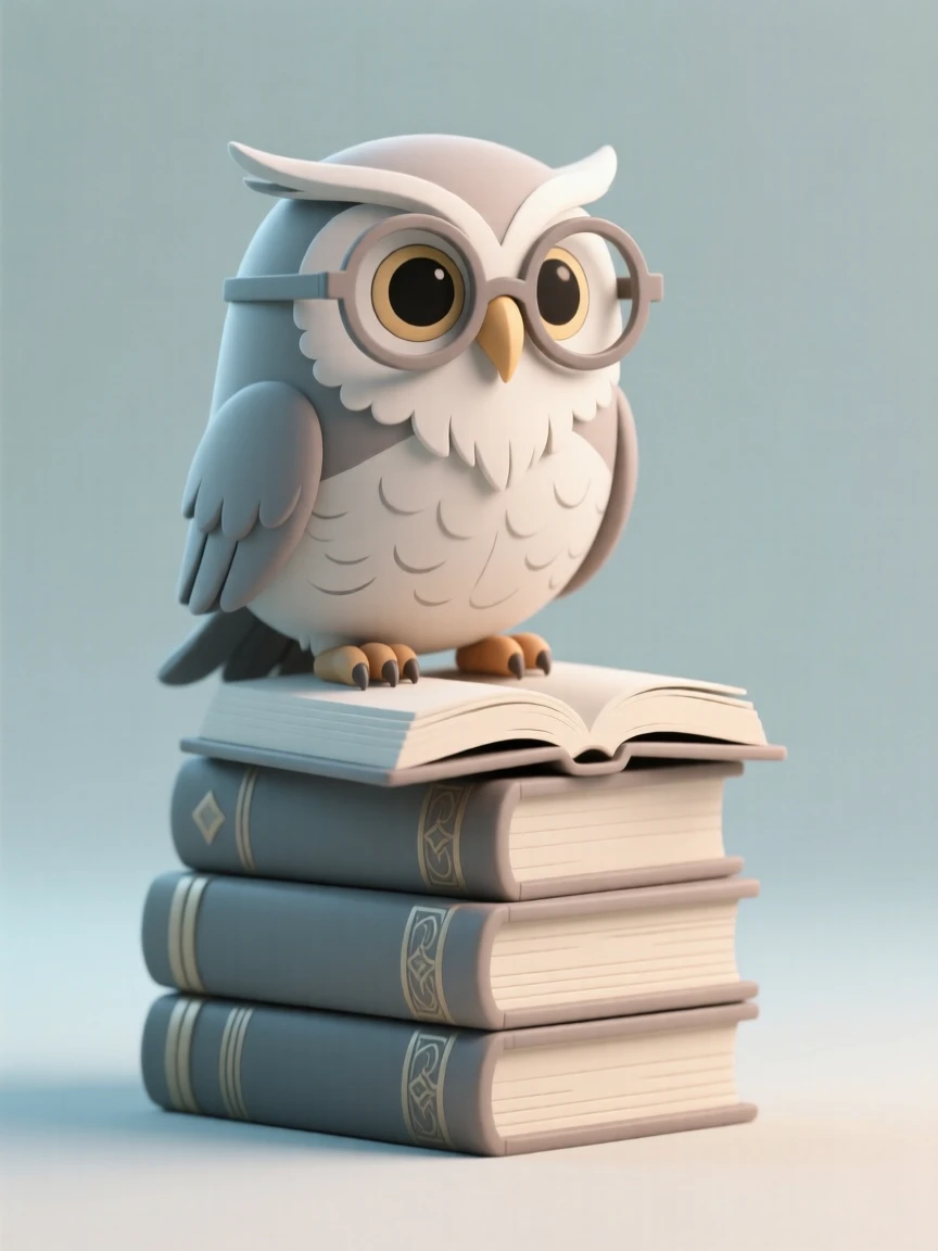 A wise old wizard owl perches on a stack of ancient books, spectacles balanced on its feathered beak.