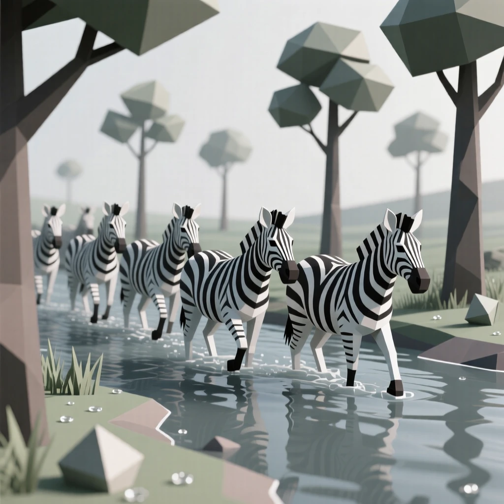 A zebra herd crossing a shallow river, in a quiet, dew-covered forest. the composition centers the subject with a shallow depth of field. A feeling of serenity washes over the moment.