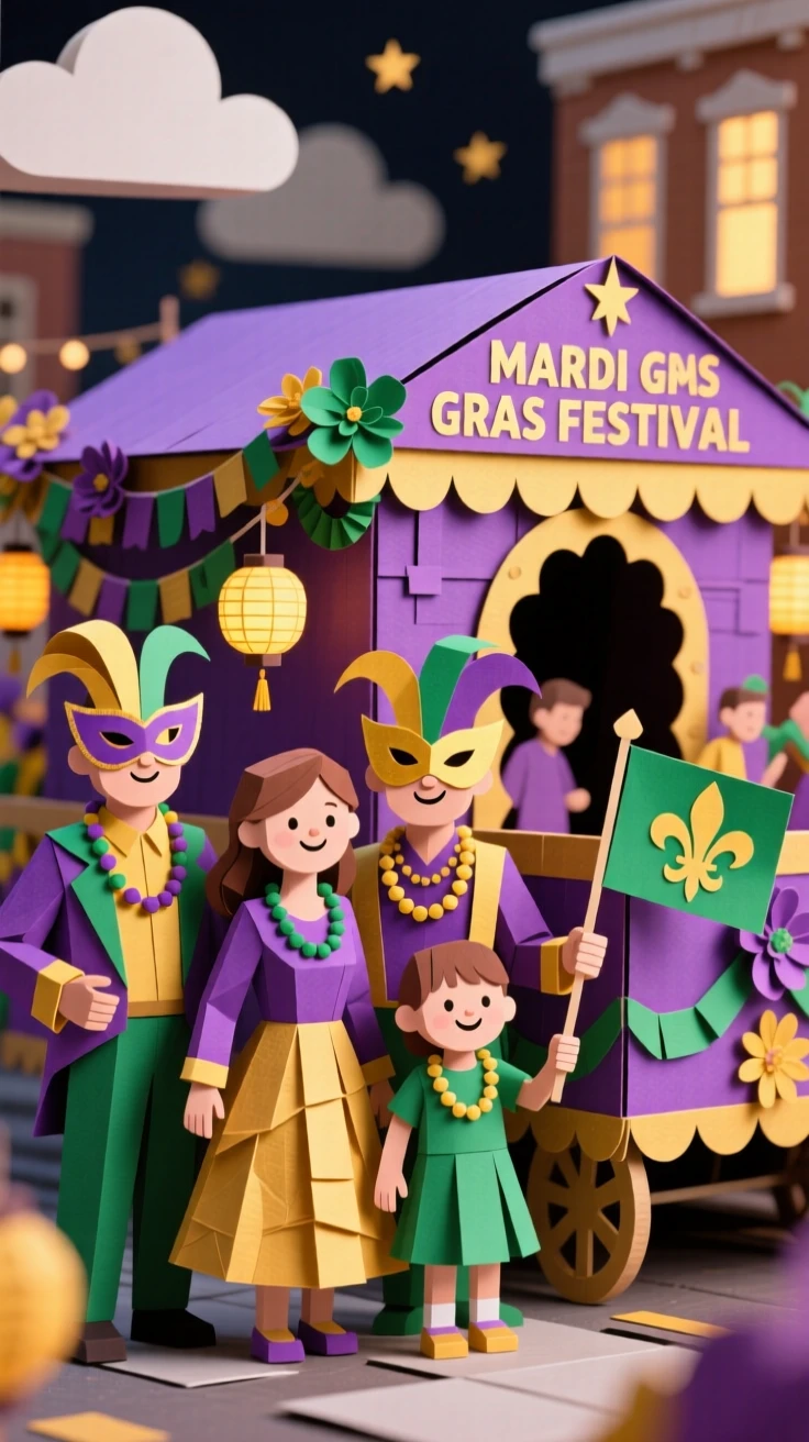 A lively Mardi Gras parade decorated with warm twinkling lights, with family gathered warmly together, evoking festive warmth and joy.