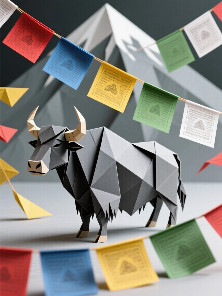 A Tibetan Losar New Year celebration scene with colorful prayer flags fluttering in the wind.