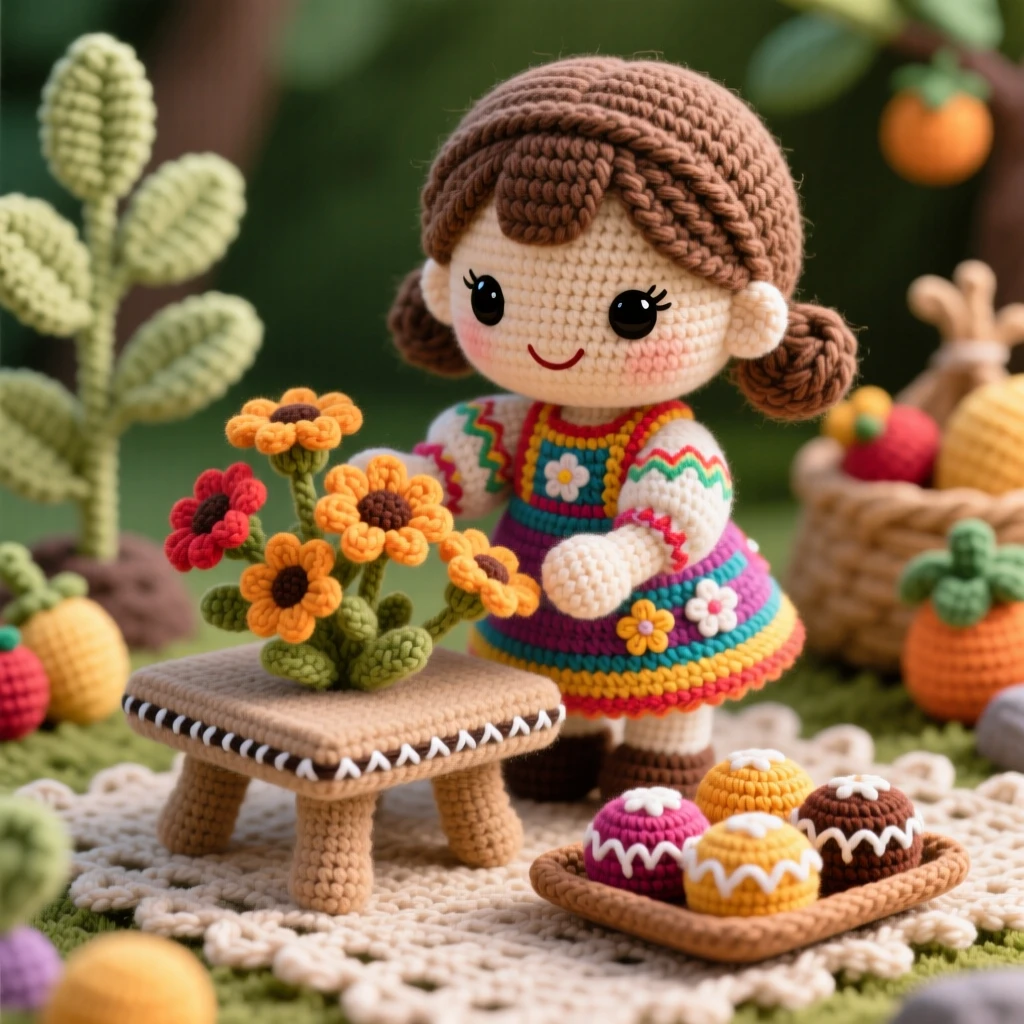 A festive cultural scene of a little girl decorating a small altar with flowers for a family remembrance day, arranging marigolds with gentle care within a family garden set for a harvest gathering; a small tray of traditional sweets nearby nearby, full of joyful community celebration and shared tradition.
