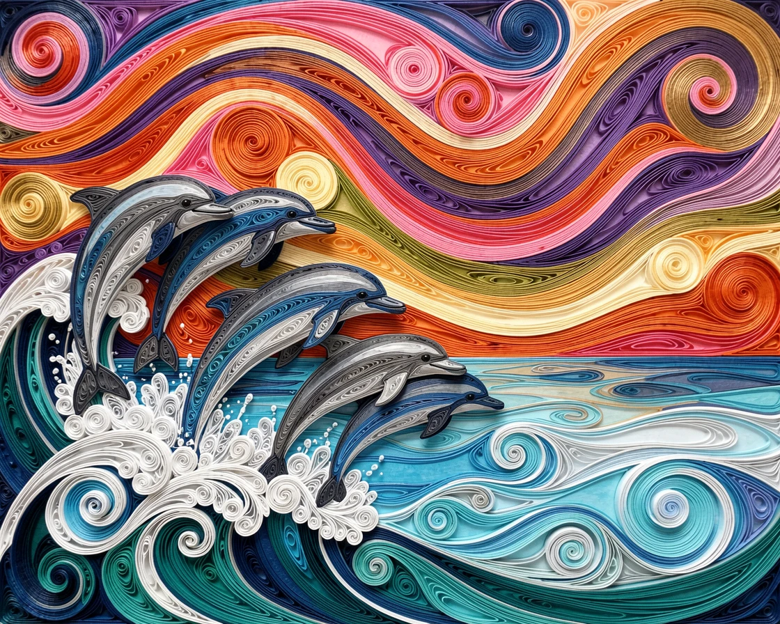 a group of dolphins leaping through ocean waves, beside a still, glassy expanse of water, shown from a sweeping wide-angle perspective, beneath a sky streaked with vivid color.