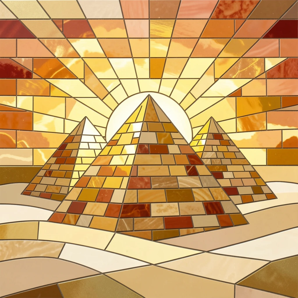 The pyramids of Giza glowing under a golden desert sunset.