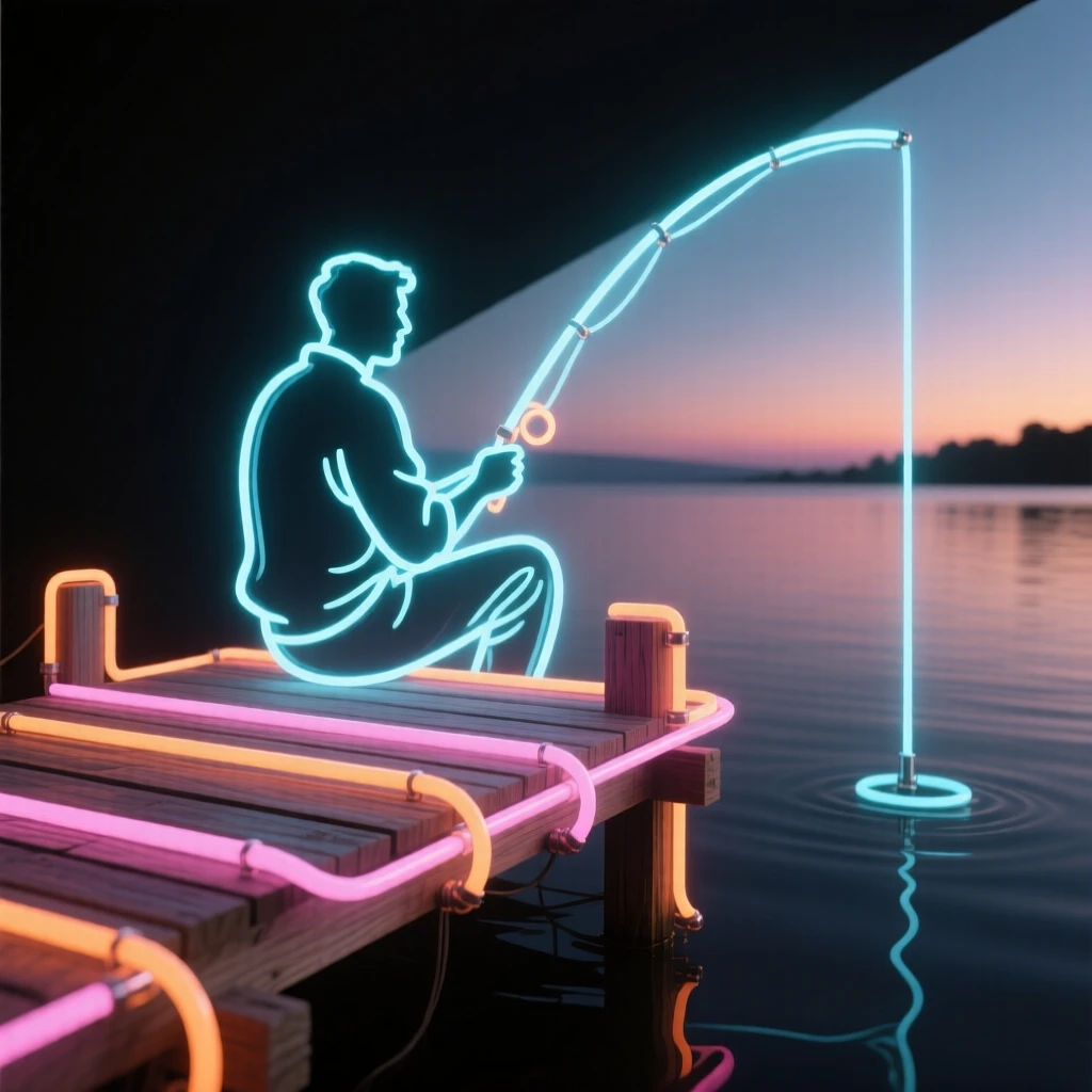 A man fishing quietly from a wooden dock at dawn.