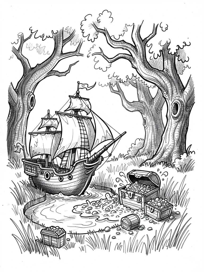 A pirate ship anchored beside a treasure-filled cove in a meadow beneath towering trees.