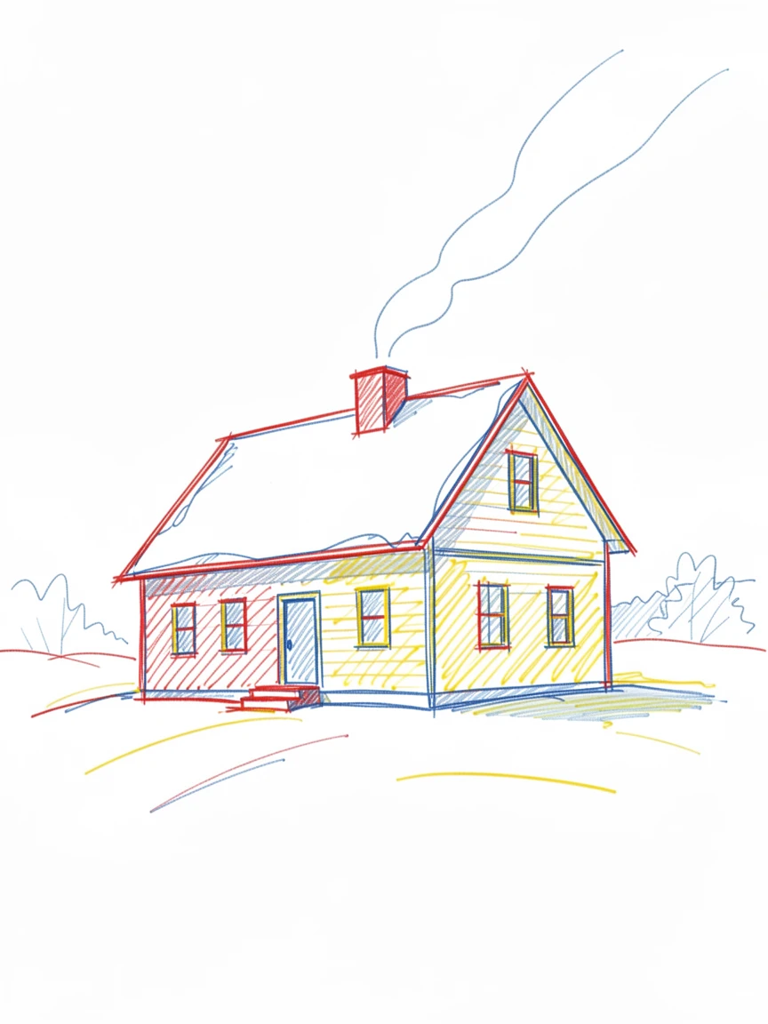 A quiet snow-covered farmhouse with smoke curling from its chimney