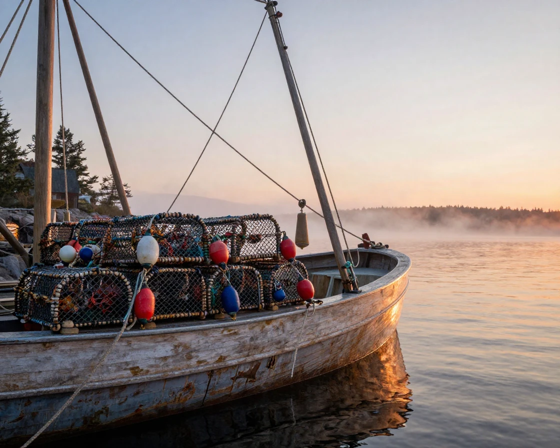 A Maine lobster boat hauling traps at sunrise
