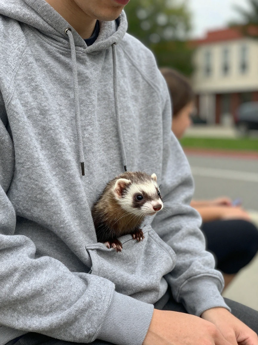 A ferret peeks out from inside a hoodie pocket, whiskers twitching.