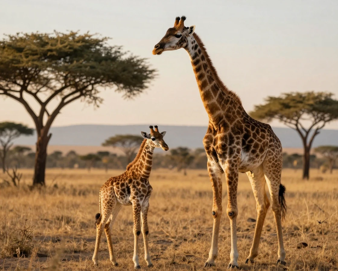 A baby giraffe wobbling on new legs beside its watchful mother