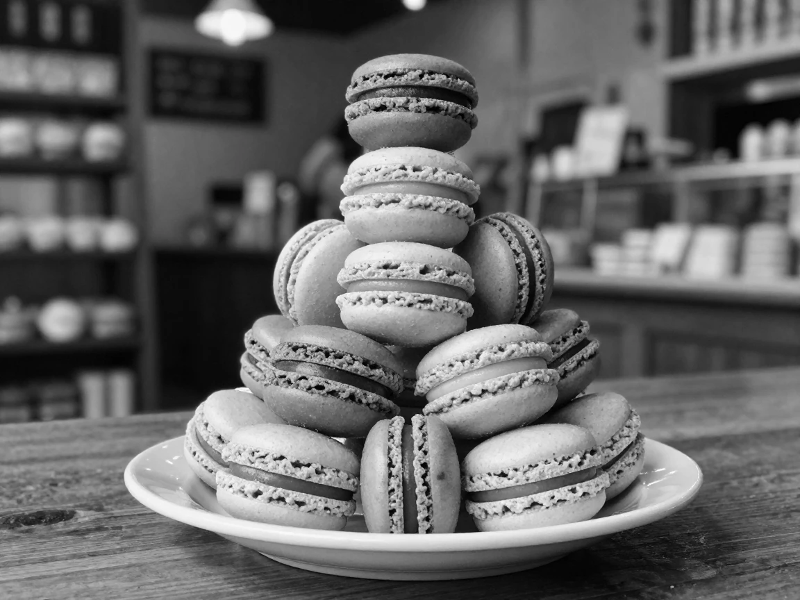 A stack of colorful macarons sits stacked in a delicate pastel tower in a charming pastry shop.