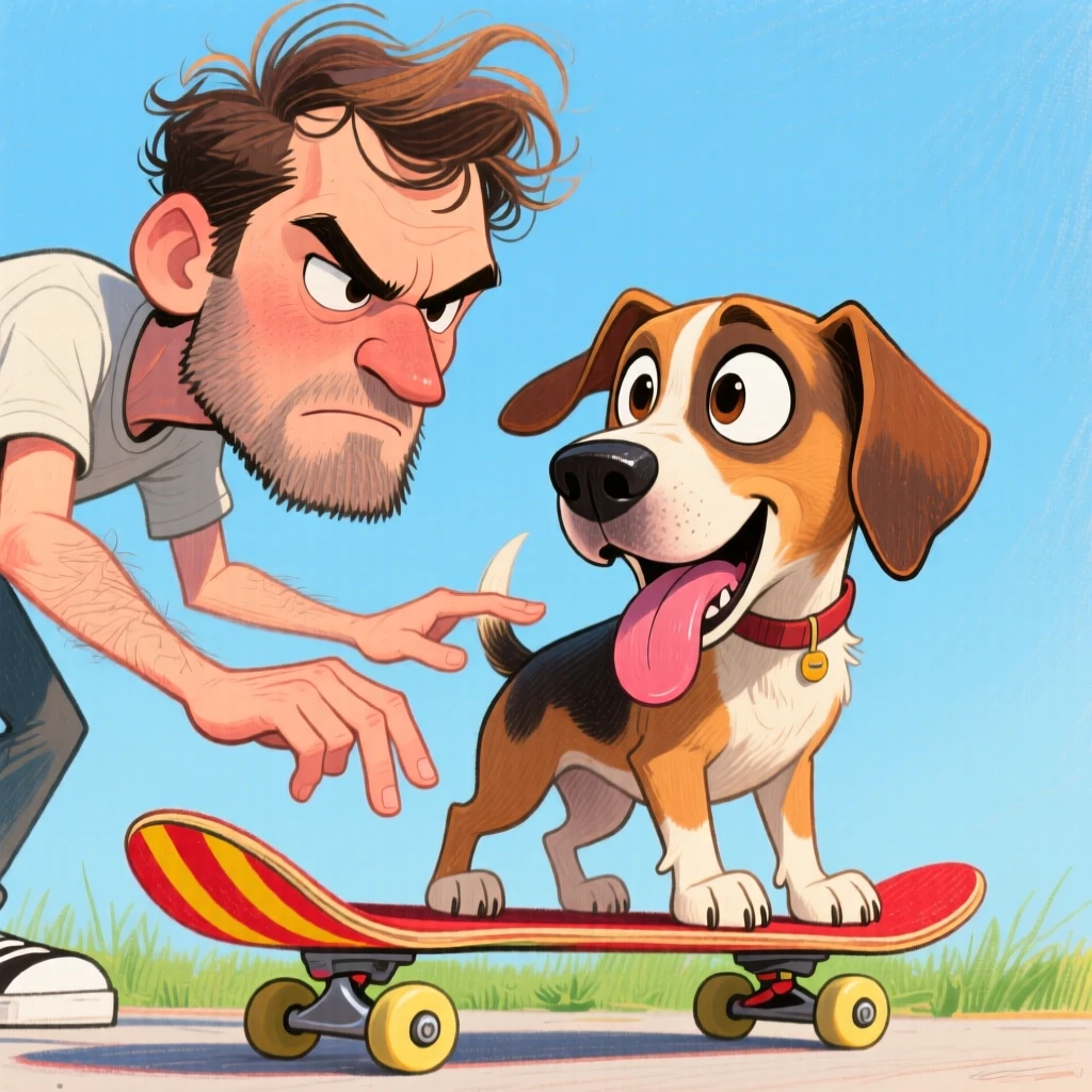 A man teaching his dog to skateboard, both looking focused and determined.