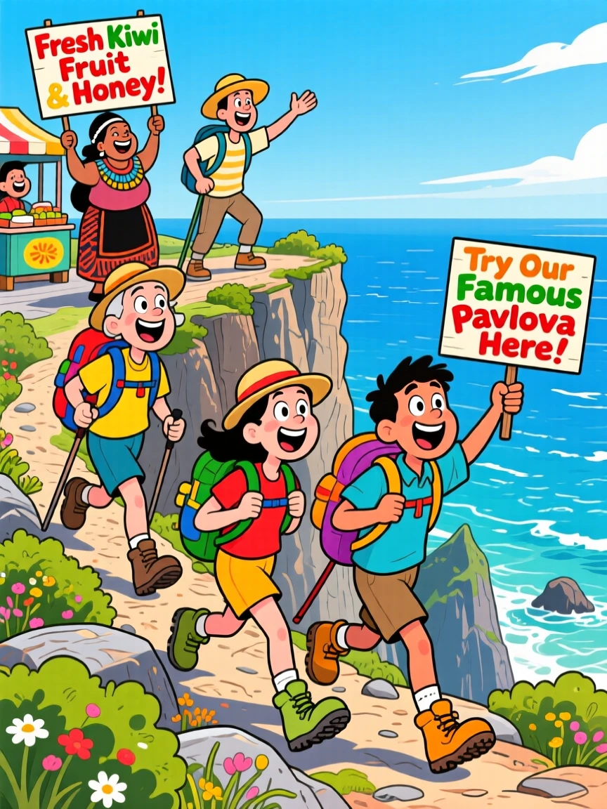 An iconic travel scene featuring a group of friends hiking along a dramatic cliffside trail in New Zealand, as street vendors call out cheerfully nearby.