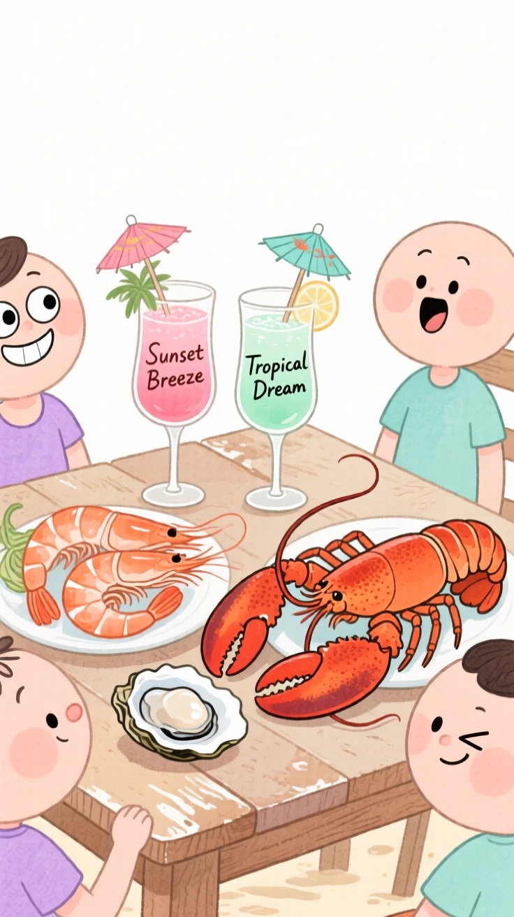 A cozy, appetizing, rustic and comforting scene of a beachside table with fresh seafood and tropical cocktails