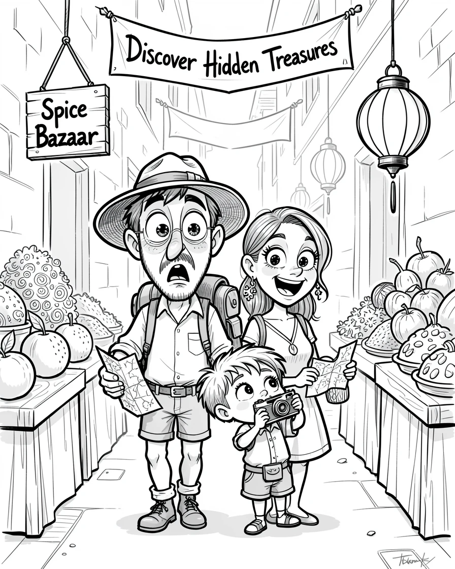 [Travel & Cultural Experiences] Vivid travel scene of a wide-eyed family of explorers exploring a hidden alleyway market, full of wonder and adventure