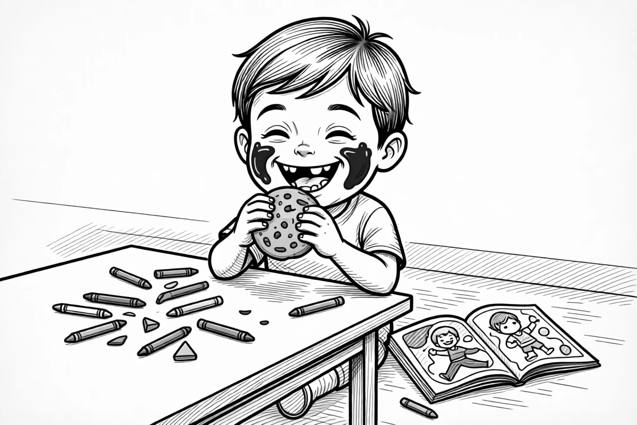 A kid sneaking a cookie with chocolate on both cheeks, grinning so wide the gap is impossible to miss, set at a table covered in scattered crayons. A half-finished coloring book lies open on the floor. There's an innocent, giggly charm to the whole moment.