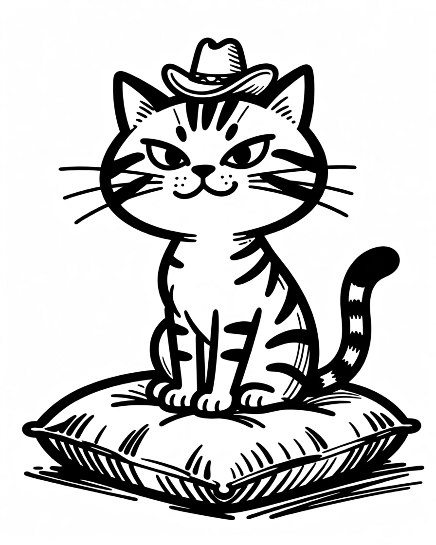 A tabby cat wearing a tiny cowboy hat, sitting proudly on a saddle-shaped cushion.