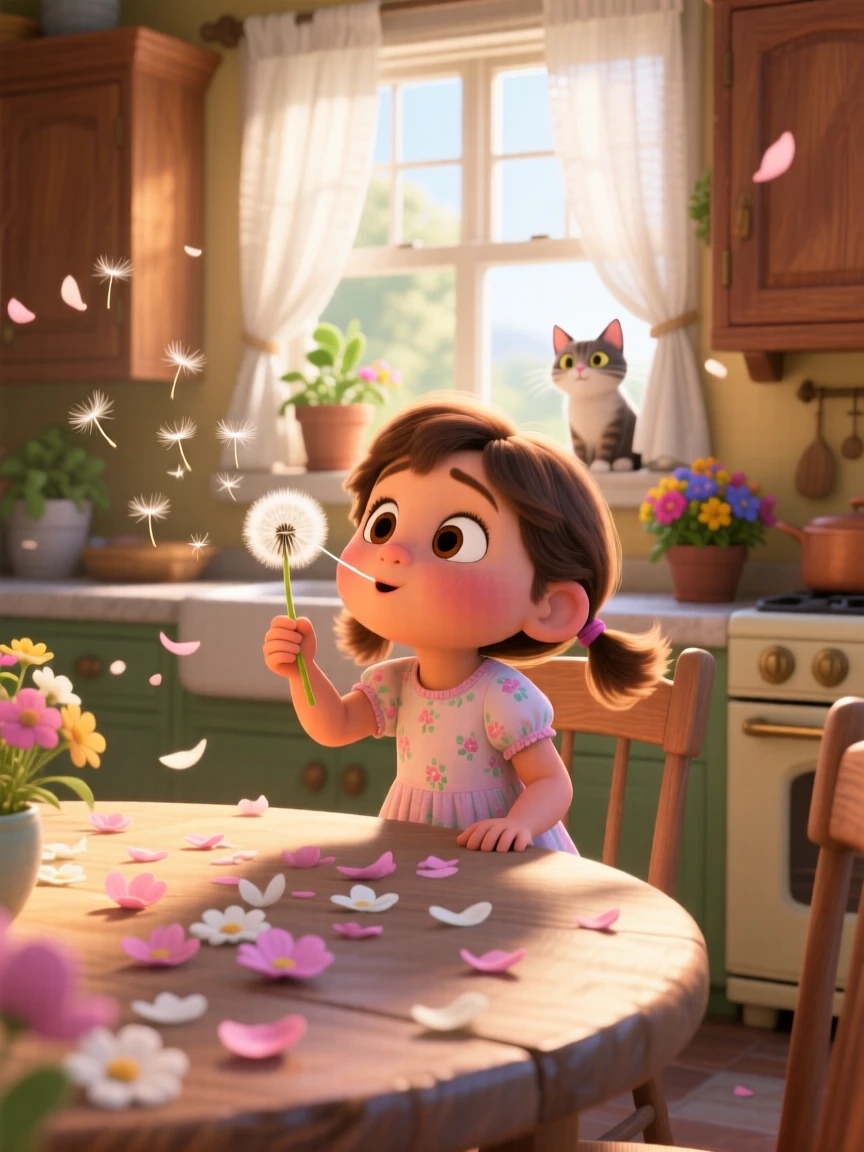 A little girl blowing dandelion seeds into the wind unfolds inside a warmly lit family kitchen, with flower petals scattered on the breeze. A heartfelt sense of happiness fills the moment.
