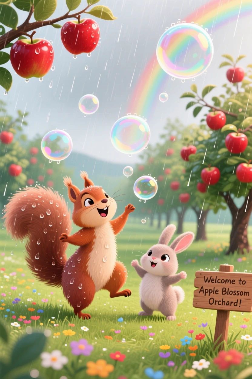 Near an apple orchard, a bushy-tailed squirrel is dancing in the rain alongside a small woodland friend, as tiny bubbles float upward.